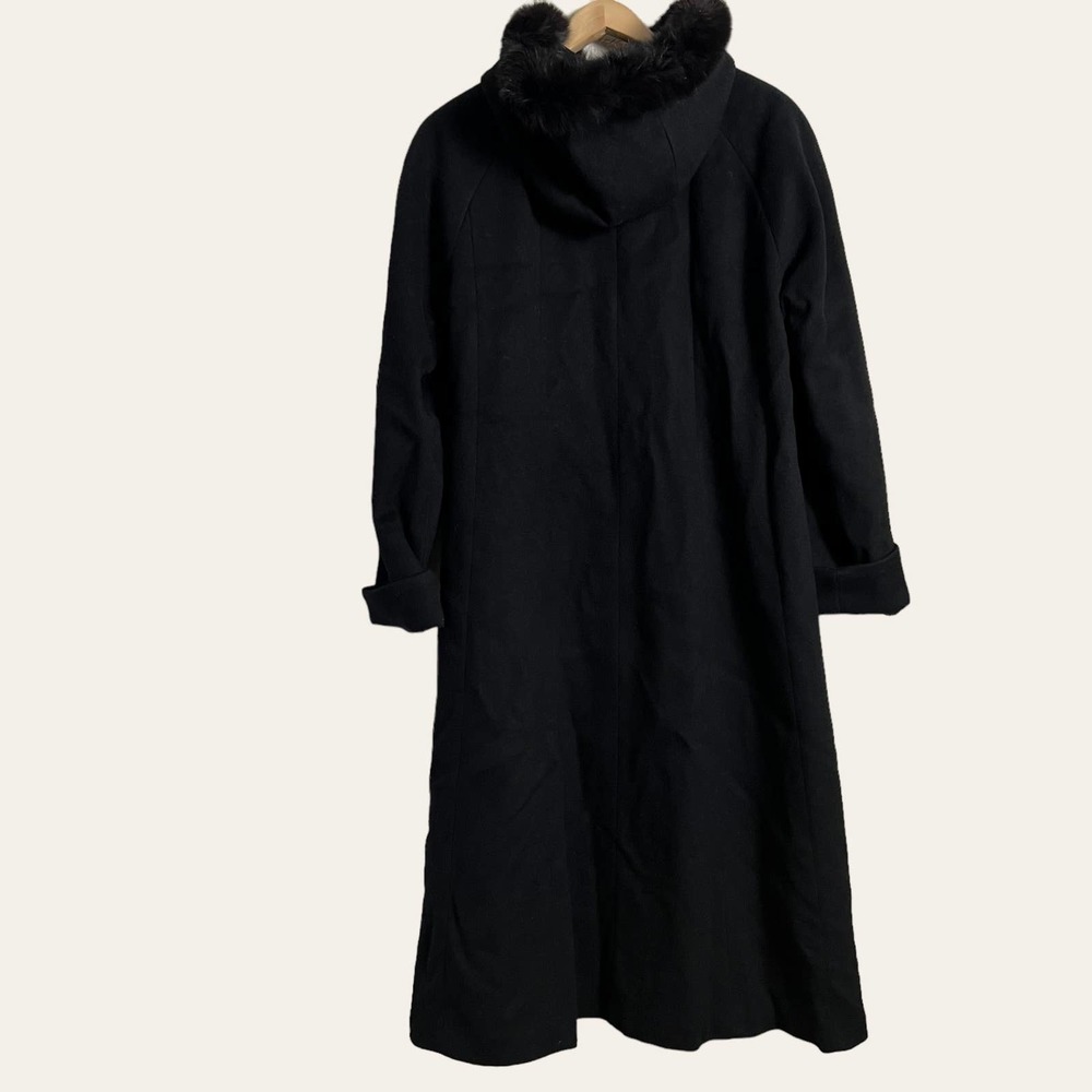 Vintage Andrea Collection Black Wool Blend Fox Fur Trim Hooded Coat Size 6 - Picture 5 of 7